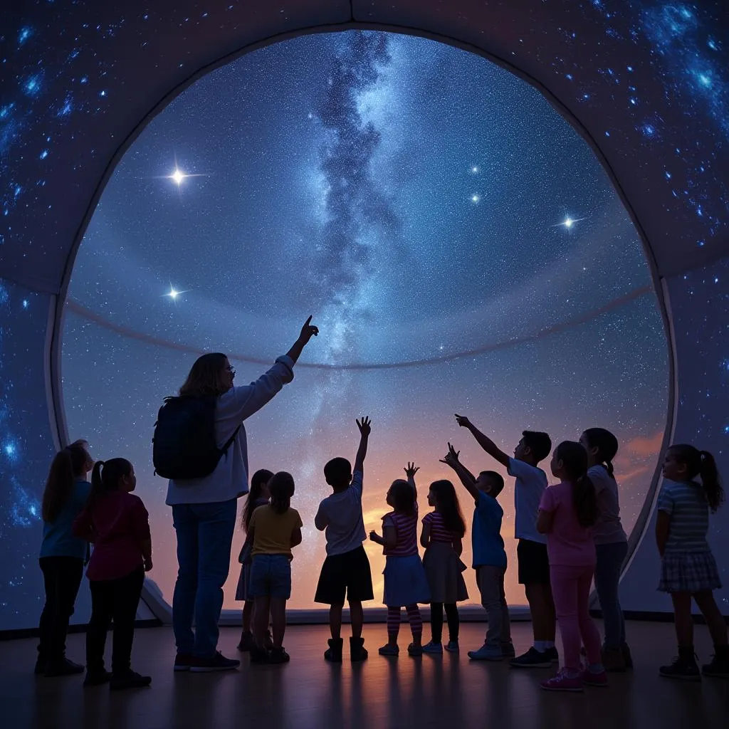 Bambini che esplorano lo spazio nel planetario