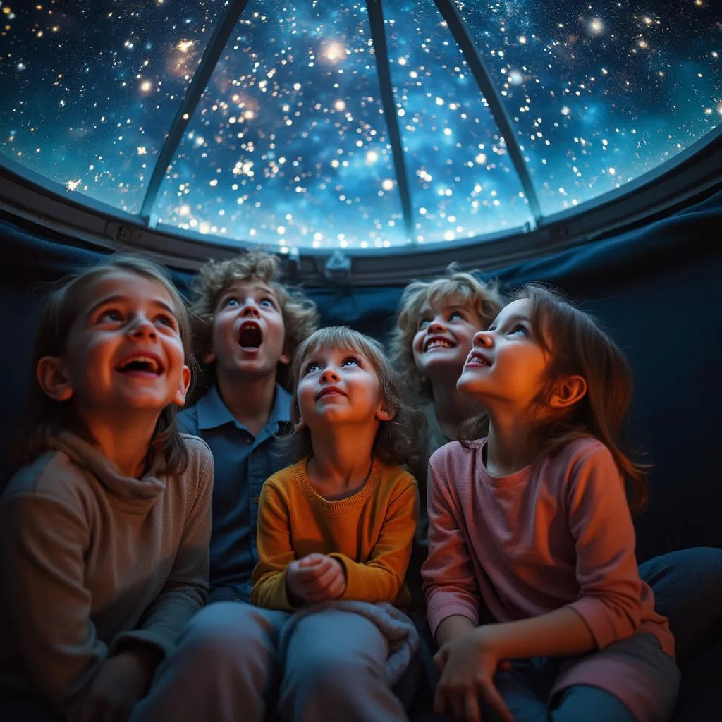 Bambini che osservano le stelle nel planetario